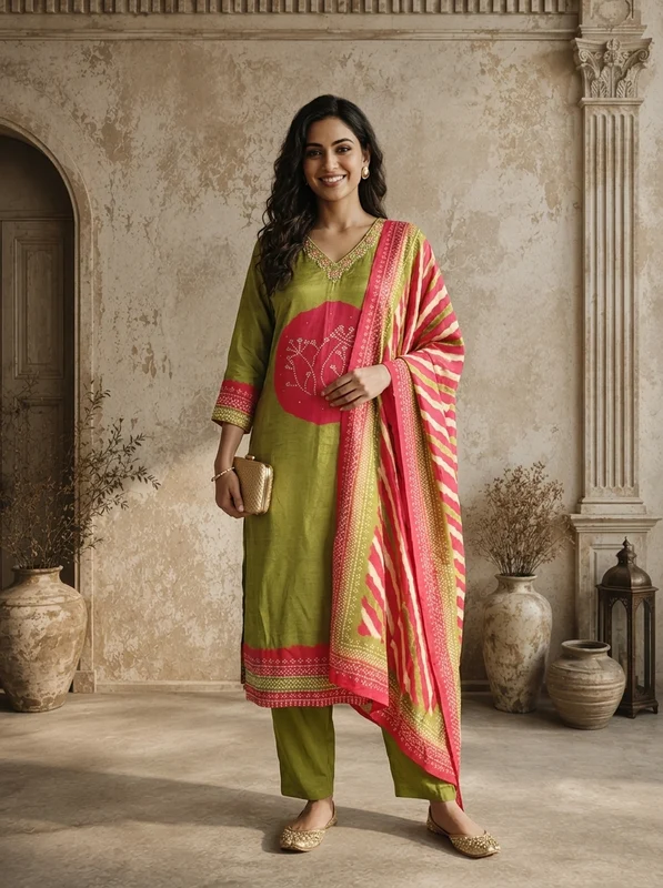 Lime Green Muslin Circular Shibori Printed Three Piece Set L