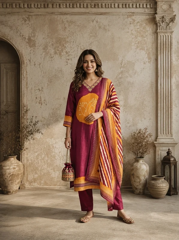 Wine Muslin Circular Shibori Printed Three Piece Set XL