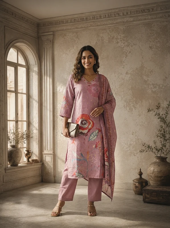 Lilac Silk Butis With Rose Digital Printed Three Piece Set XXL