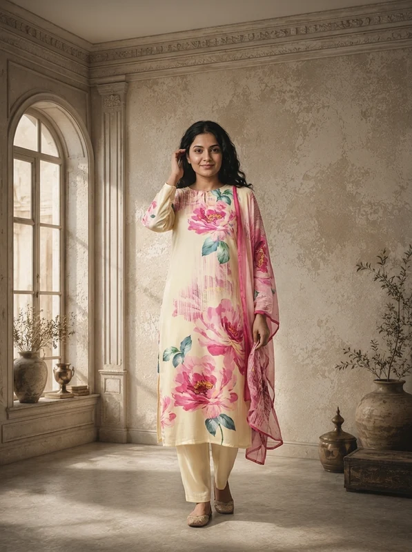 Cream Satin Peony Digital Floral Printed Three Piece Set XL