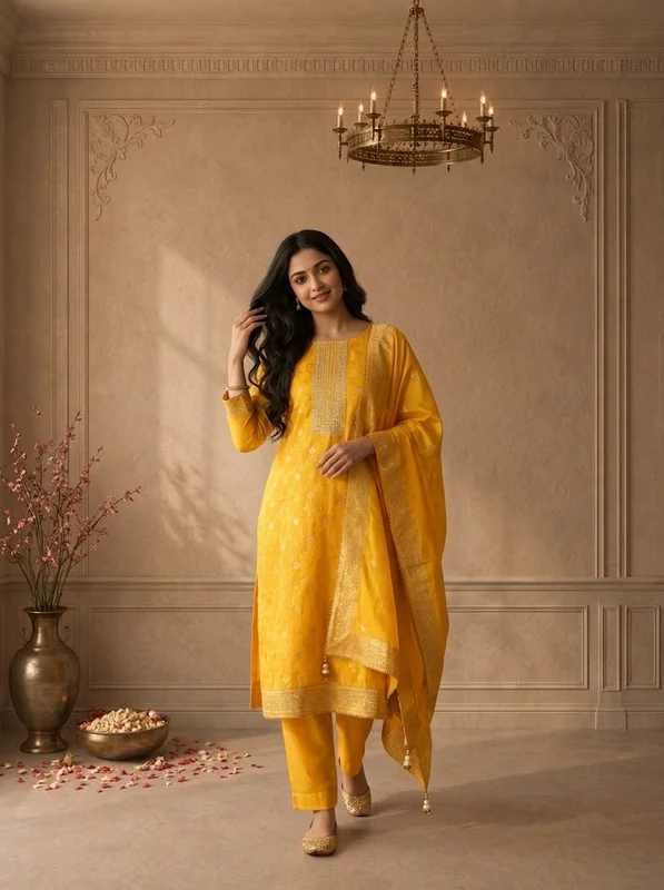 Yellow Banaras Floral Jaal Printed Three Piece Set L