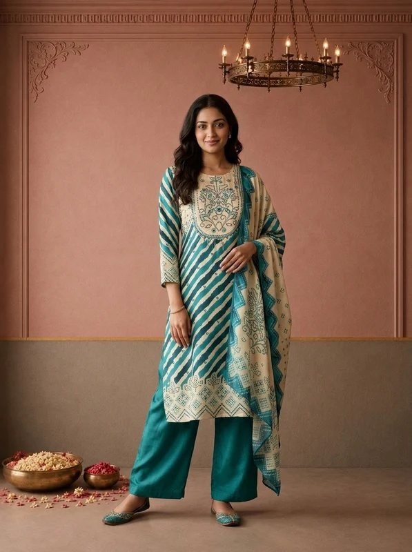 Rama Crepe Diagonal Leheriya Stripes Printed Three Piece Set XL