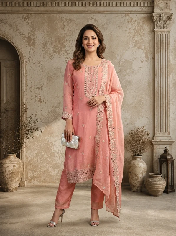 Onion Satin Floral Buti Embroidered Three Piece Set M