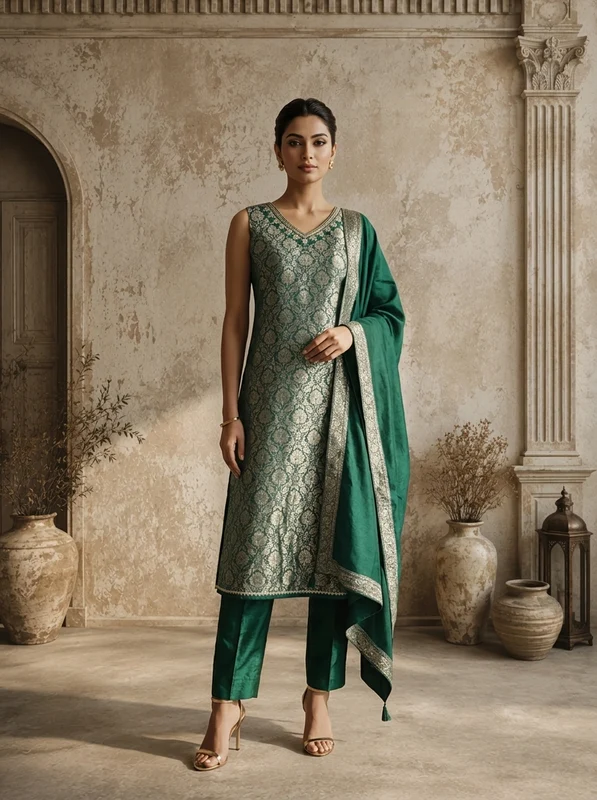 Bottle Green Banaras Floral Jaal Weaved Three Piece Set M