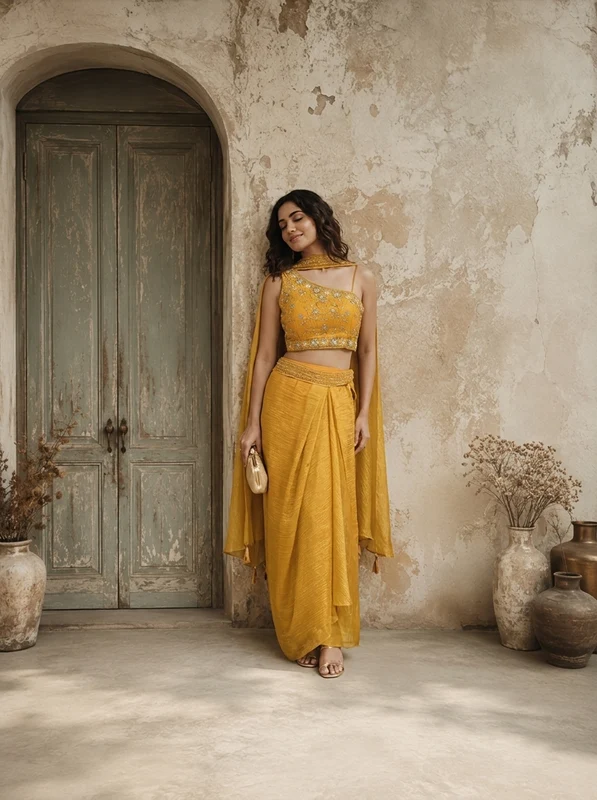 Mustard Tissue Floral And Thread Embroidered Three Piece Set M