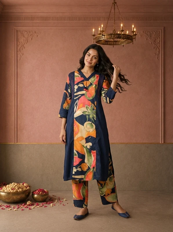 Navy Blue Cotton Tropical Floral Printed Two Piece Set L