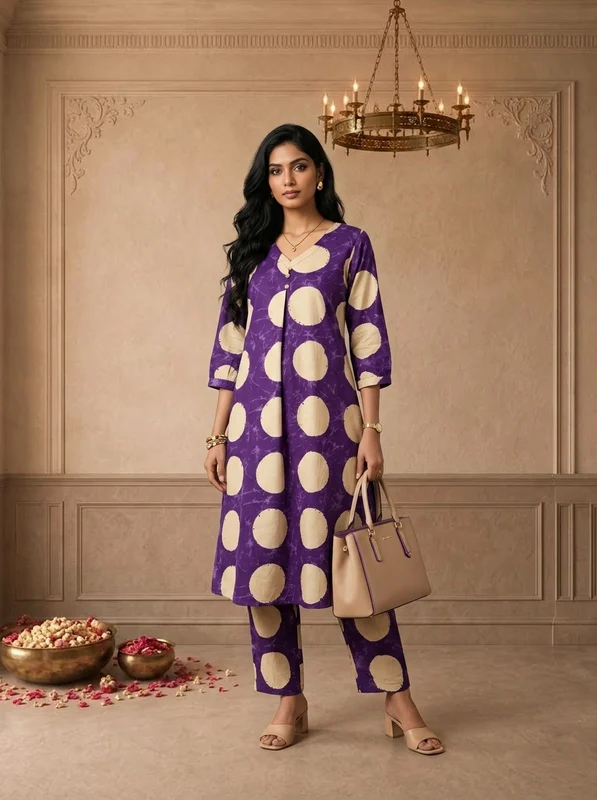Purple Cotton Polka Dot Printed Two Piece Set 3XL