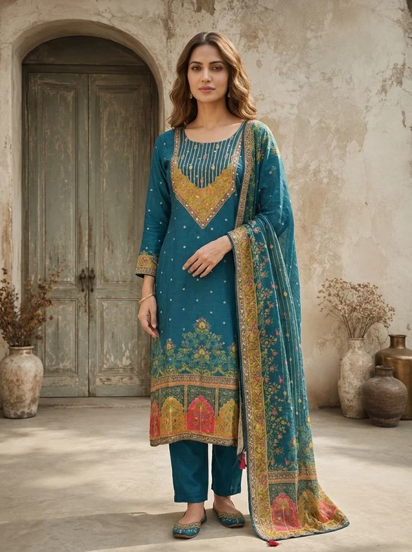 Peacock Chinon Ethnic Printed Three Piece Set XL