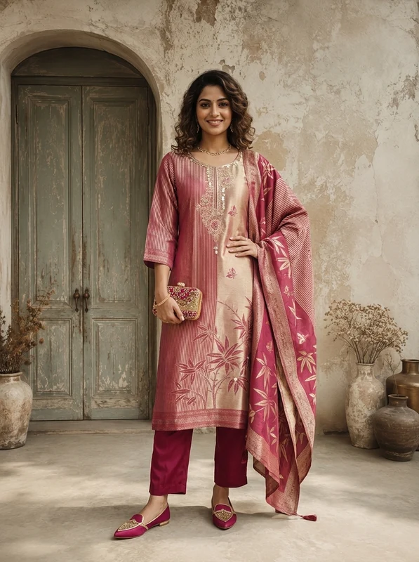 Magenta Tissue Floral Weaved Three Piece Set XL