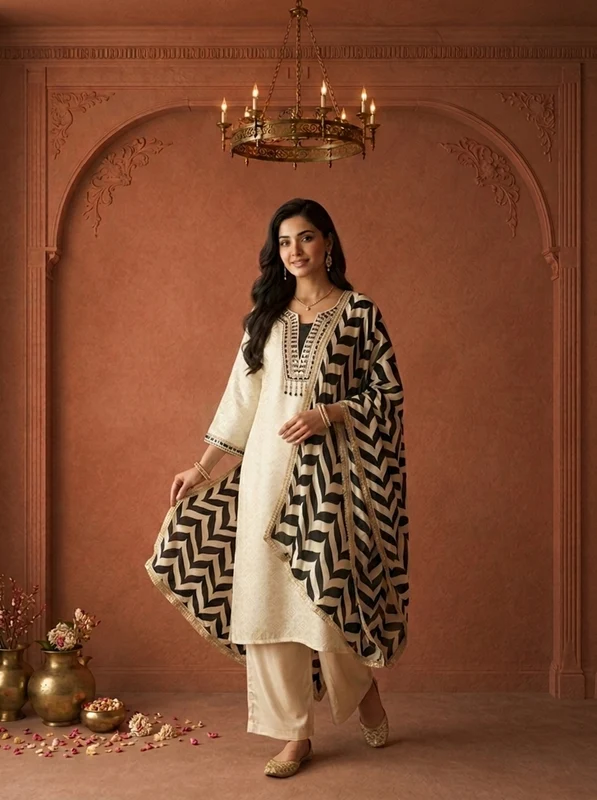 Black Cotton Zari Diamond Printed Three Piece Set 3XL