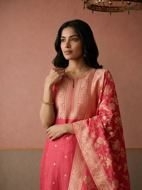 Pink Silk Zari Butta Weaved Three Piece Set 3XL