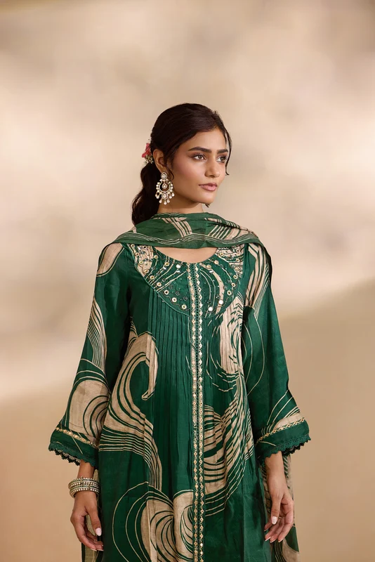 Bottle Green Chanderi Abstract Swirl Printed Three Piece Set 3XL