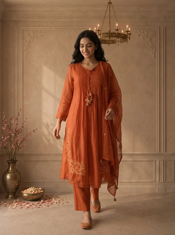 Burnt Orange Cotton Floral Daman Embroidered Three Piece Set XL