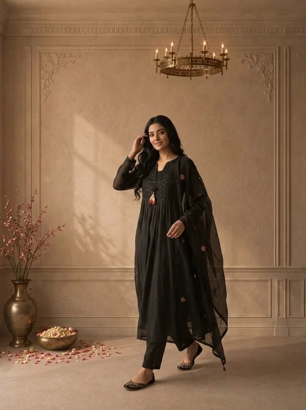 Black Cotton Pintuck Pleated Embroidered Three Piece Set XXL