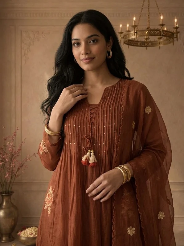 Brown Cotton Pintuck Pleated Embroidered Three Piece Set XXL