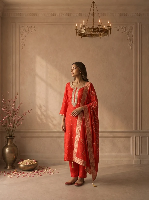 Red Crepe Gold Butti Printed Three Piece Set XXL