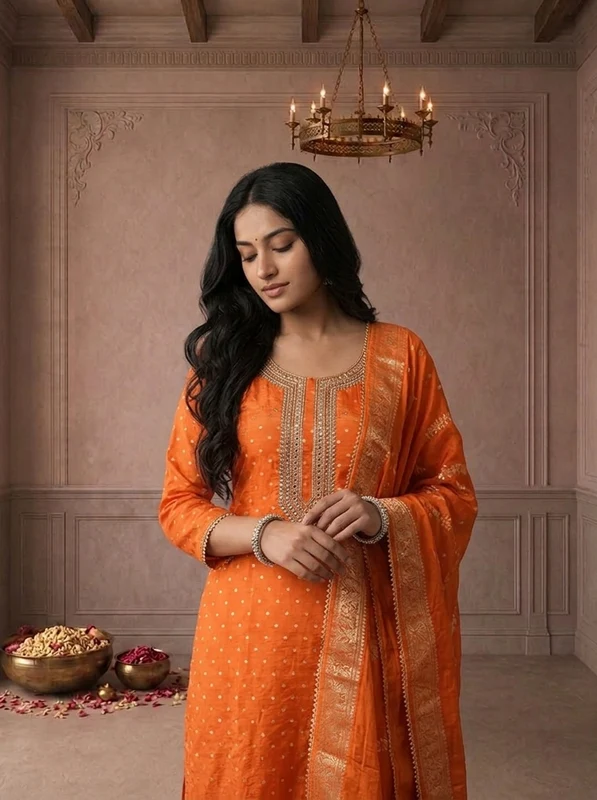 Orange Crepe Dot Printed Three Piece Set M