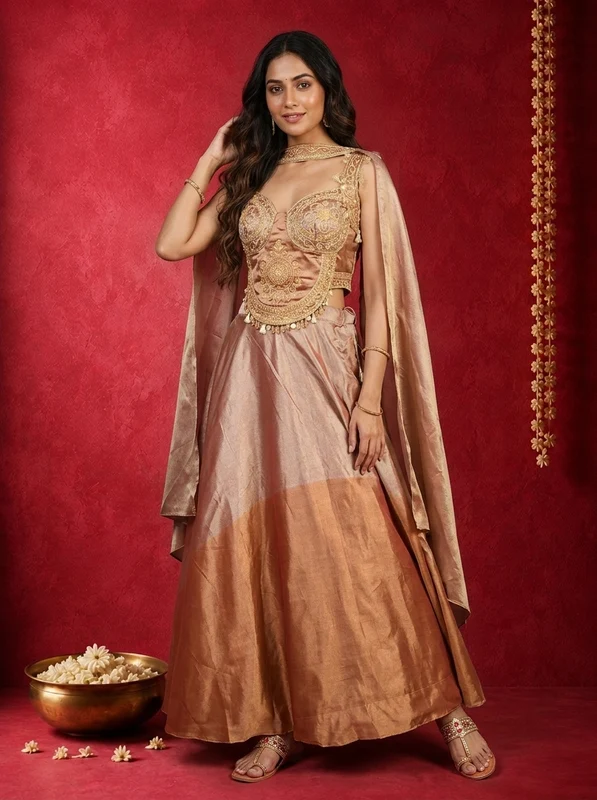 Copper Rose Gold Tissue Zardozi Mandala Embroidered Ghagra Set M