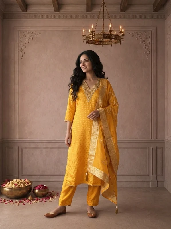Yellow Crepe Diamond Butti Jacquard Printed Three Piece Set M