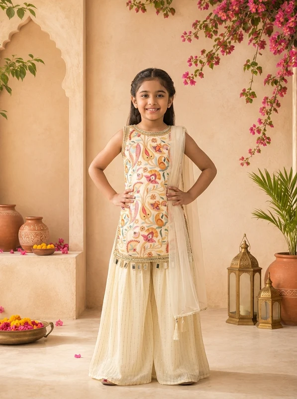 Cream Georgette Multicolor Kalamkari Printed And Embroidered Palazzo Set 24