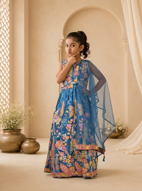Blue Silk Multicolor Tropical Embroidered Ghagra Set 24
