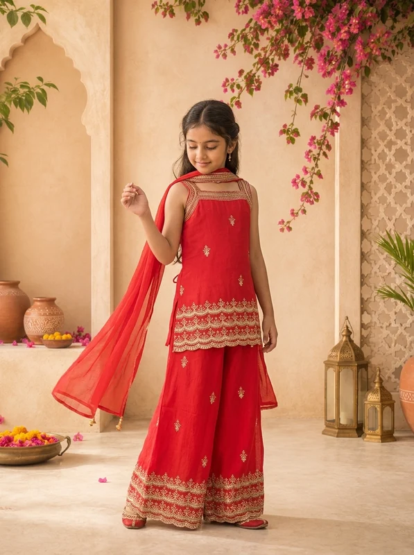 Red Georgette Zari Embroidered Palazzo Set 34