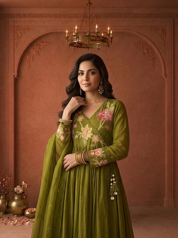 Mehadi Green Cotton Multicolor Floral Applique Thread Embroidered Three Piece Set L