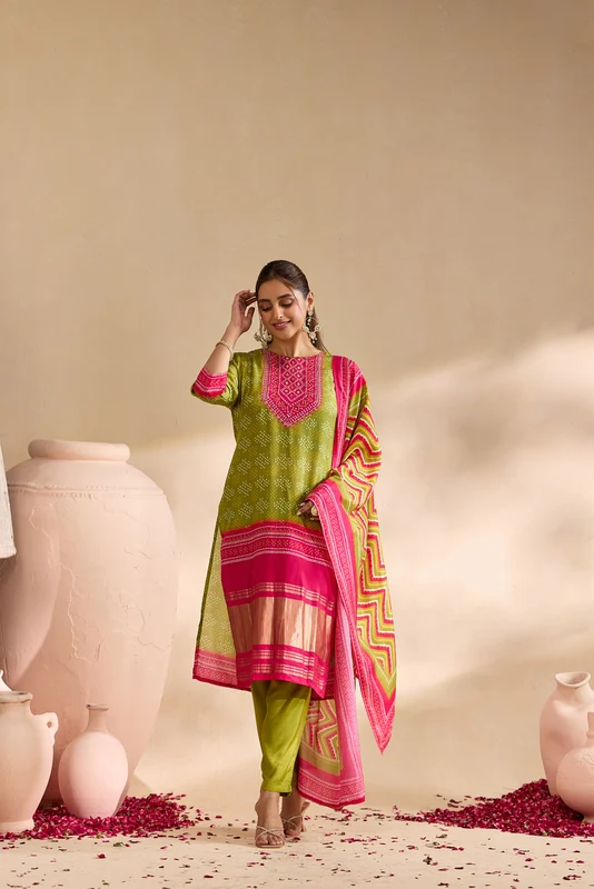 Mehadi Green Silk Bandhani Dot Printed Three Piece Set XL