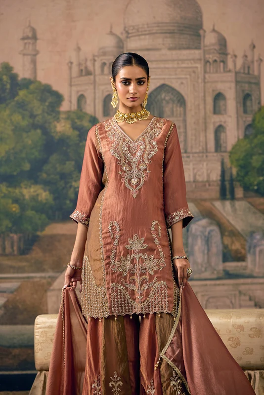 Rust Tissue Zari And Thread Embroidered Three Piece Set XL