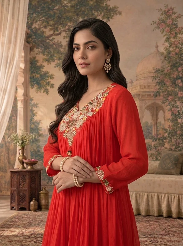 Red Chinon Multicolor Thread Zari Sequin Embroidered Two Piece Set L