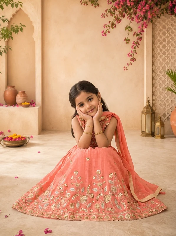 Coral Tissue Sequins Floral Embroidered Ghagra Set 32