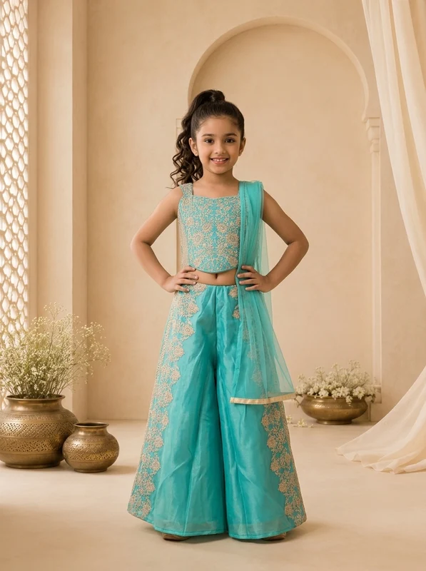 Sea Green Tissue Heavy Gold Zari Embroidered Palazzo Set 38