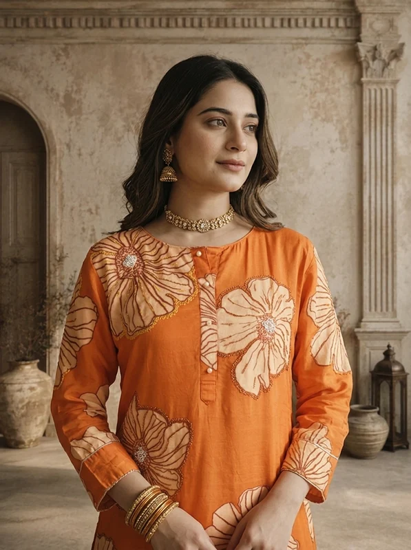 Burnt Orange Satin Abstract Floral Printed Three Piece Set M