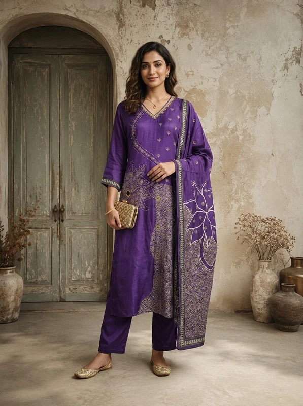 Purple Silk Ajrakh Patch Applique Printed Three Piece Set XXL