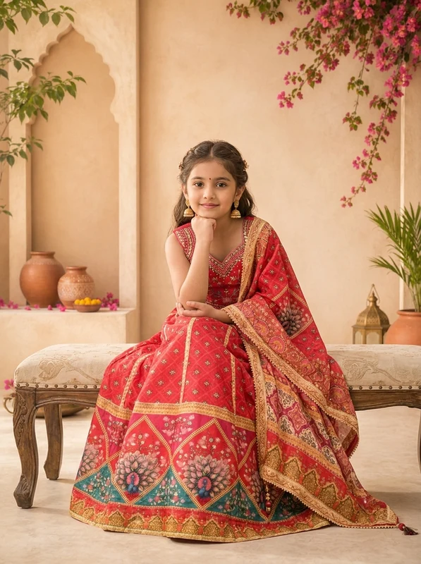 Pink Silk Floral Buti Printed Ghagra Set 32