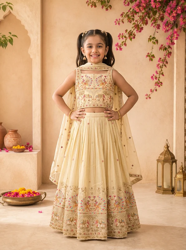 Cream Tissue Multicolor Peacock Elephant Embroidered Ghagra Set 26