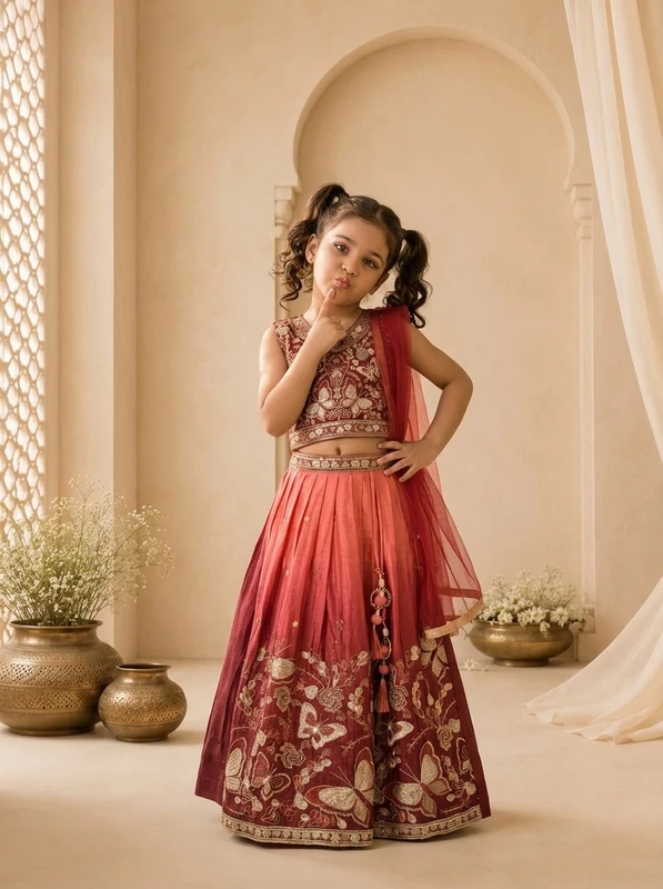 Maroon Georgette Butterfly Floral Thread Embroidered Ghagra Set 30