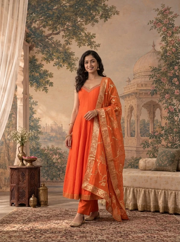 Rust Silk Solid With Zari Floral Weaved Three Piece Set XXL