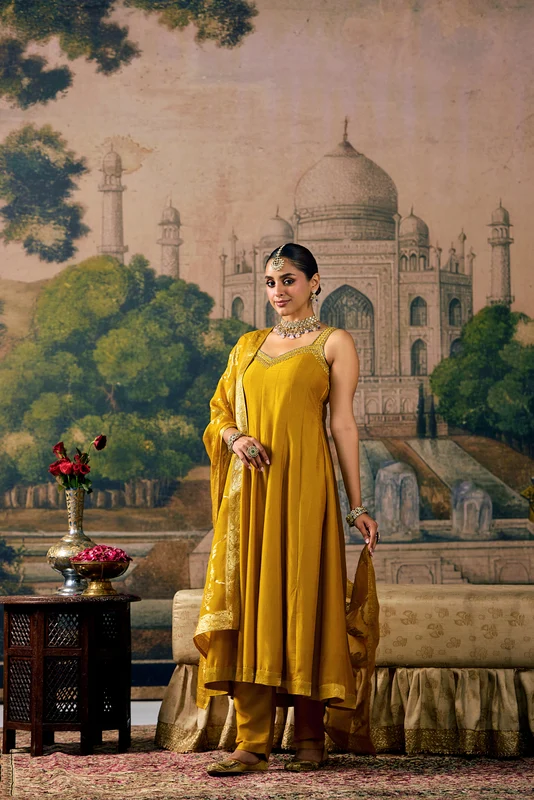 Mustard Silk Thread And Stone Embroidered Three Piece Set M