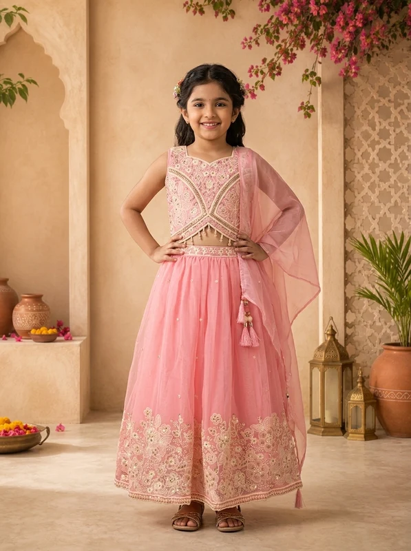 Pink Tissue Floral Stone And Thread Embroidered Ghagra Set 34