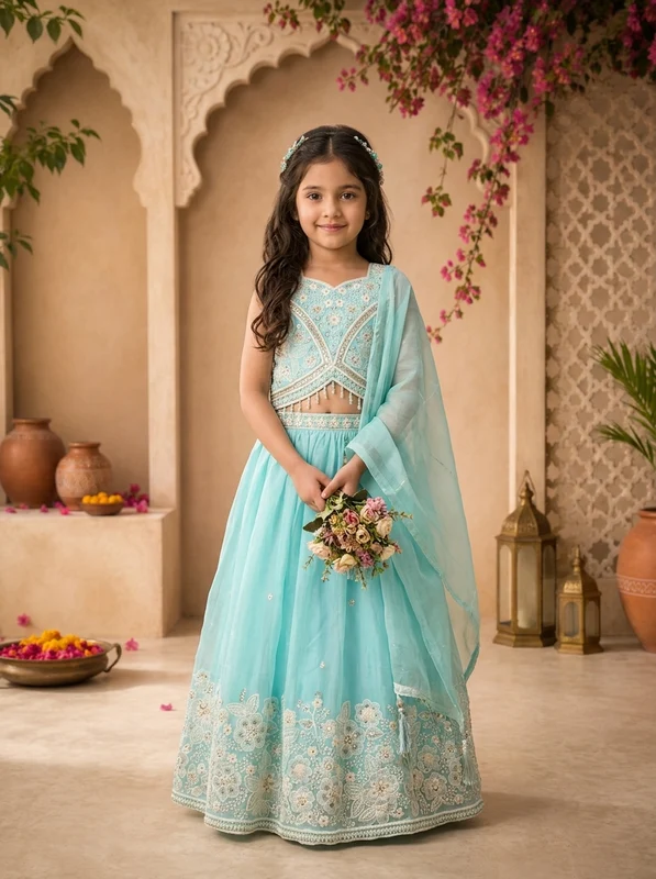 Sky Blue Tissue Floral Stone And Thread Embroidered Ghagra Set 30