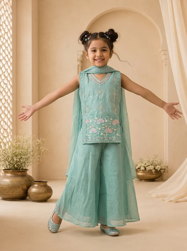 Sky Blue Tissue Lotus Floral Embroidered Palazzo Set 34