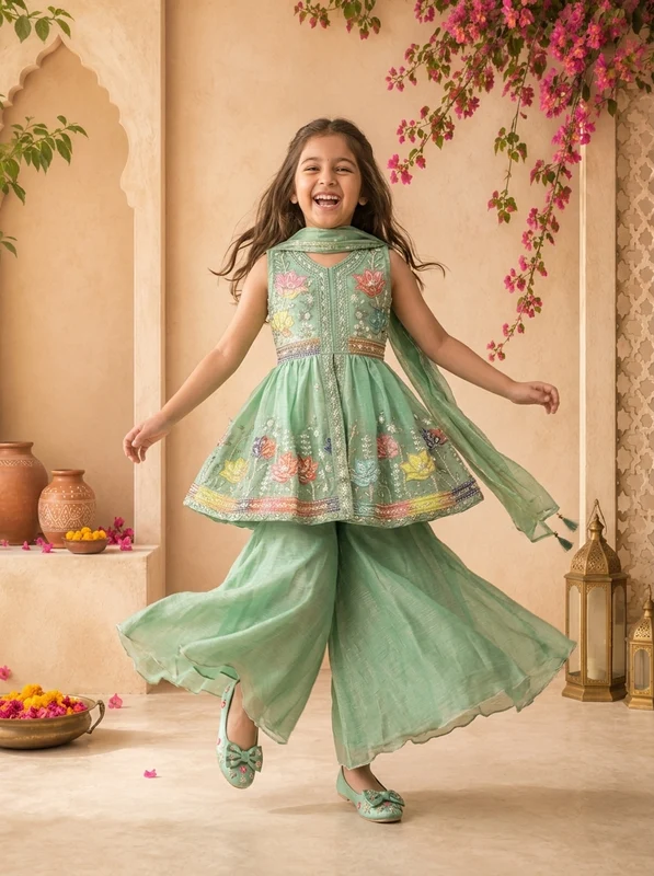 Green Tissue Multicolor Lotus Floral And Stone Embroidered Palazzo Set 26