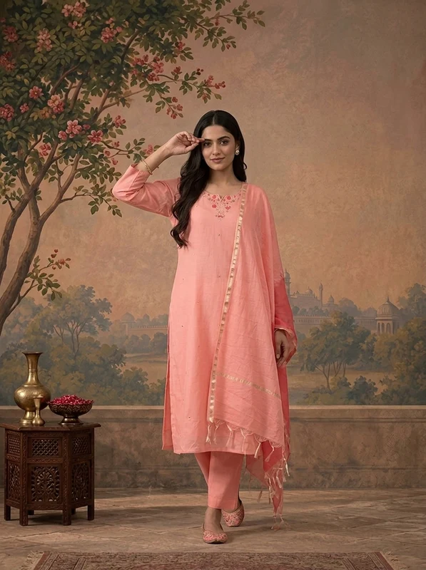 Rose Pink Chanderi Solid With Floral Thread Embroidered Three Piece Set L