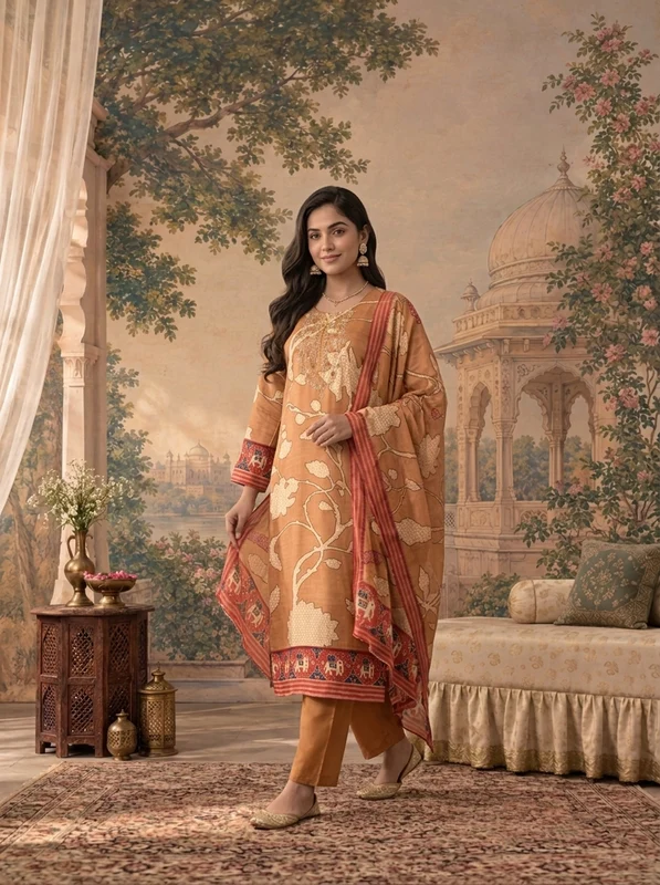 Gold Linen Floral Vine With Patola Elephant Printed Three Piece Set XL