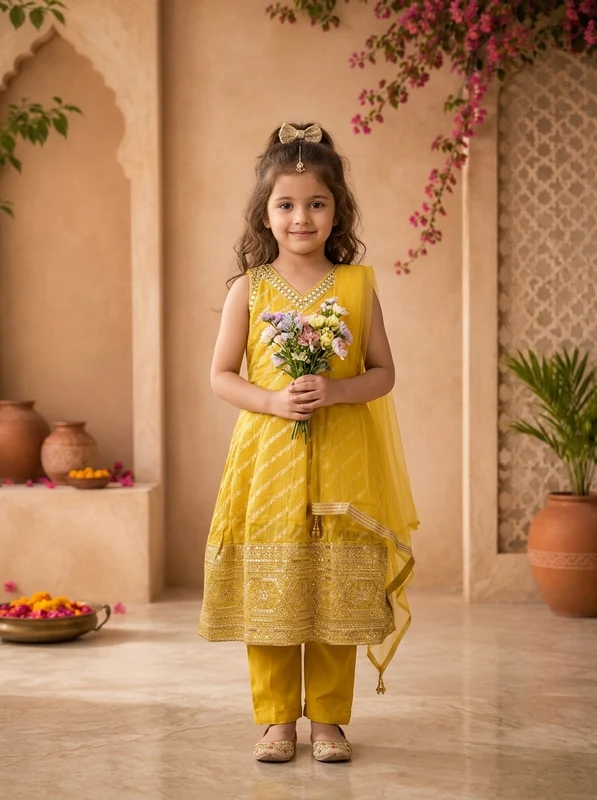 Yellow Banaras Zari Leheriya Striped Printed Anarkali Kurta Set 38