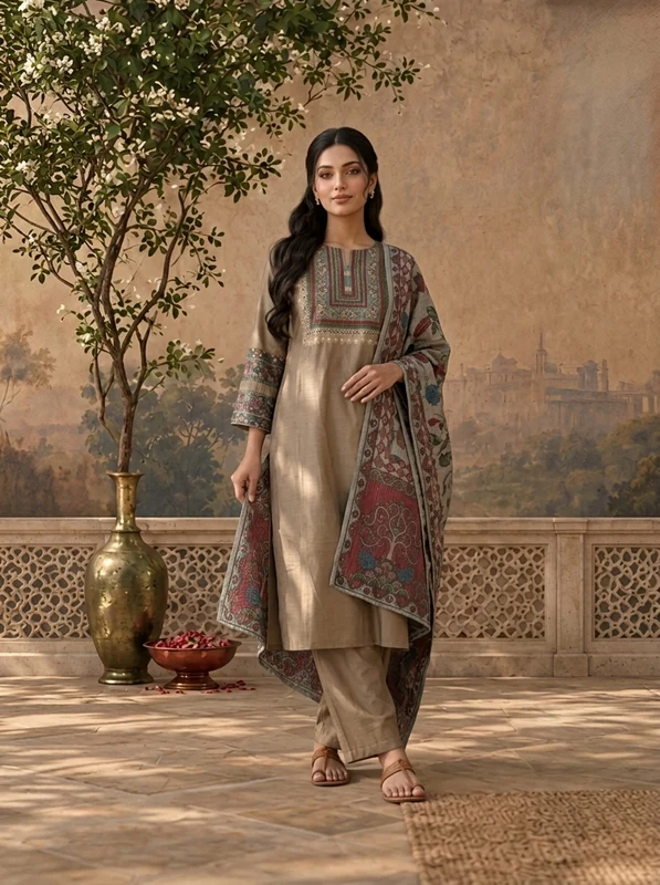 Beige Rayon Solid With Kalamkari Floral Printed Three Piece Set M