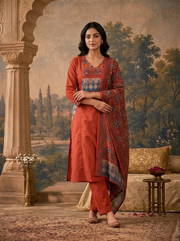 Maroon Cotton Solid With Ethnic Printed Three Piece Set L