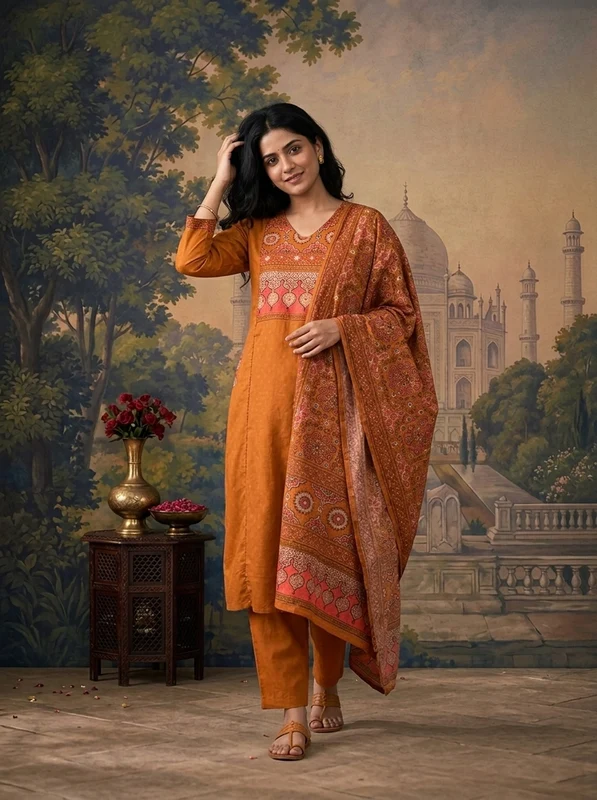 Gold Cotton Solid With Ethnic Printed Three Piece Set L