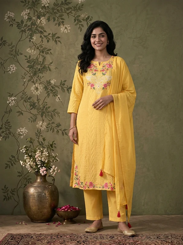 Yellow Cotton Solid With Multicolor Floral Thread Embroidered Three Piece Set XL